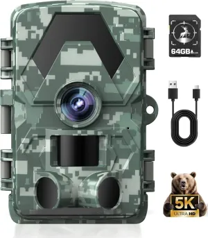 Trail Camera, 5K 60MP Game Camera with 130°Wide-Angle, IP66 Waterproof Night Vision with No Glow Infrared LEDs, 0.05s Trigger Motion Activated for Wildlife, Green