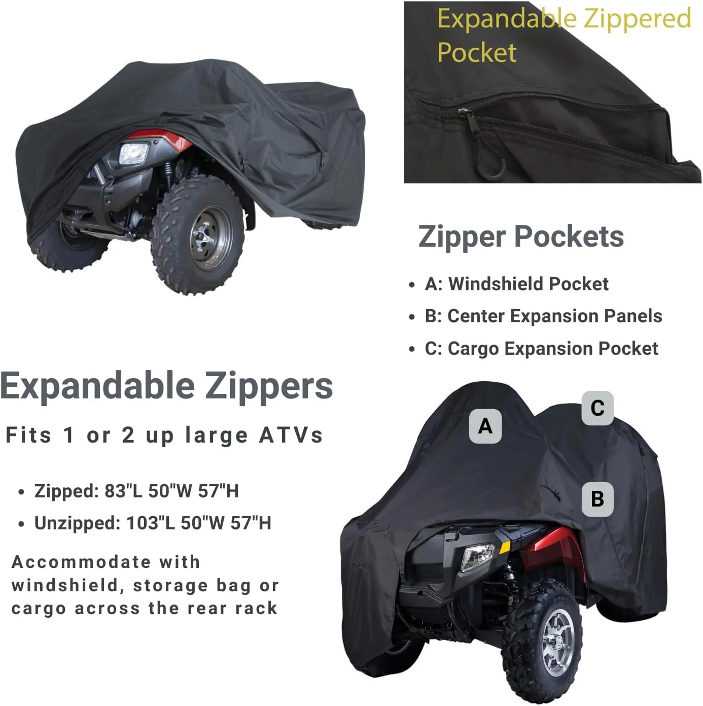 Trailerable ATV Cover, Heavy Duty Waterproof Quad 4 Wheeler All Terrain Vehicles Cover for Polaris Kawasaki Yamaha Suzuki Arctic Cat Can-Am, Expandable Cover Fits 83" to 103" L