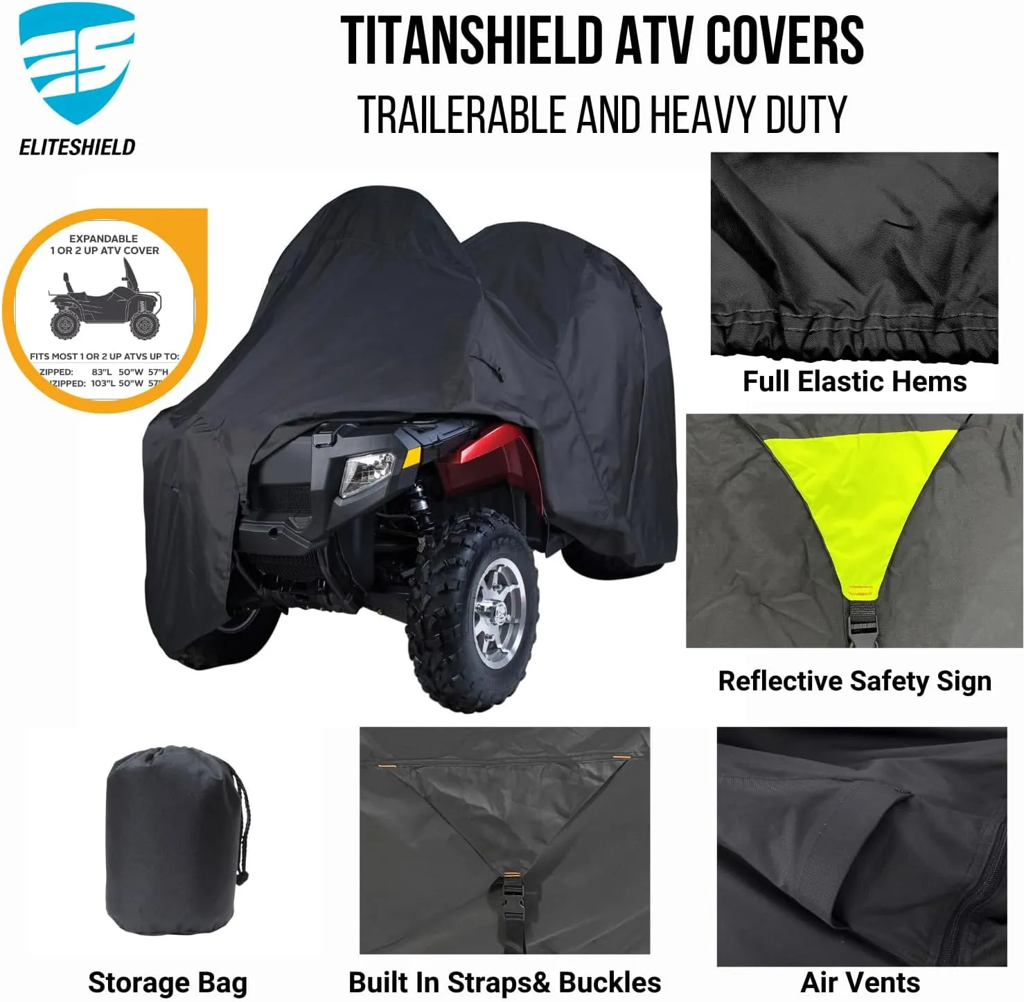 Trailerable ATV Cover, Heavy Duty Waterproof Quad 4 Wheeler All Terrain Vehicles Cover for Polaris Kawasaki Yamaha Suzuki Arctic Cat Can-Am, Expandable Cover Fits 83" to 103" L