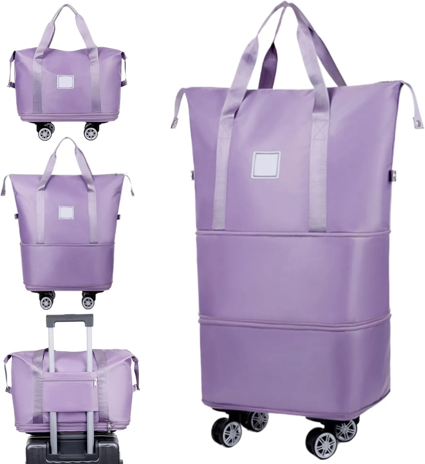 Travel Bag with Wheels, Rolling Duffle Bag with Wheels and Handle, Expandable Foldable Luggage Bag, Dry and Wet Separation Rolling Bag, Zipper Rolling Bag for Camping, Light Purple, Rolling Bag