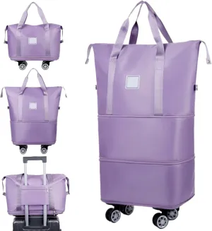 Travel Bag with Wheels, Rolling Duffle Bag with Wheels and Handle, Expandable Foldable Luggage Bag, Dry and Wet Separation Rolling Bag, Zipper Rolling Bag for Camping, Light Purple, Rolling Bag