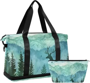 Travel Duffel Gym Sports Luggage Bag Expandable Large Capacity Deer Landscape Sports Bag for Women and Men