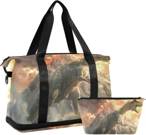 Travel Duffel Gym Sports Luggage Bag Expandable Large Capacity Volcano Dinosaur Sports Bag for Women and Men