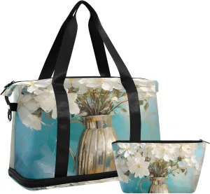Travel Duffel Gym Sports Luggage Bag Expandable Large Capacity White Flower Floral Sports Bag for Women and Men