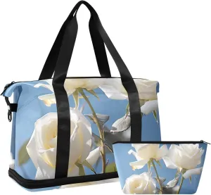 Travel Duffel Gym Sports Luggage Bag Expandable Large Capacity White Rose Sports Bag for Women and Men