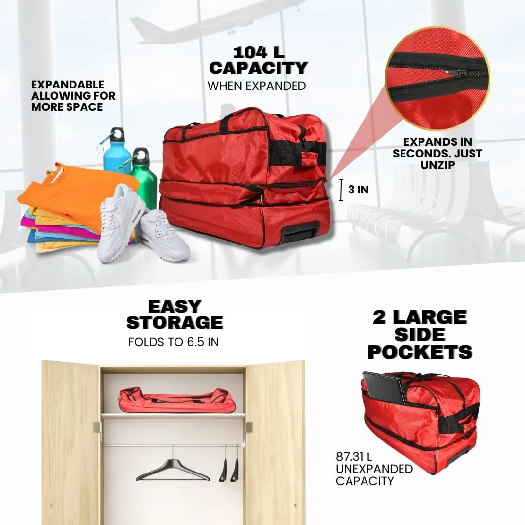 Travel Duffle Bag 87L, Foldable, Expandable to 104L, Gym Travel Carry On Overnight Weekender Retractable Handle Women Men (Red)