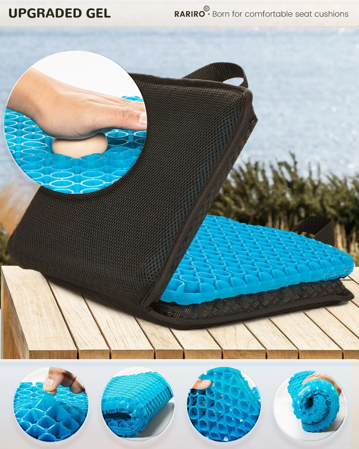 Travel Gel Seat Cushion - Foldable Waterproof Portable Pad for Airplane, Stadium, Bleacher, Kayaking, Flights, Camping, Egg Gel Pads, Ergonomic Design