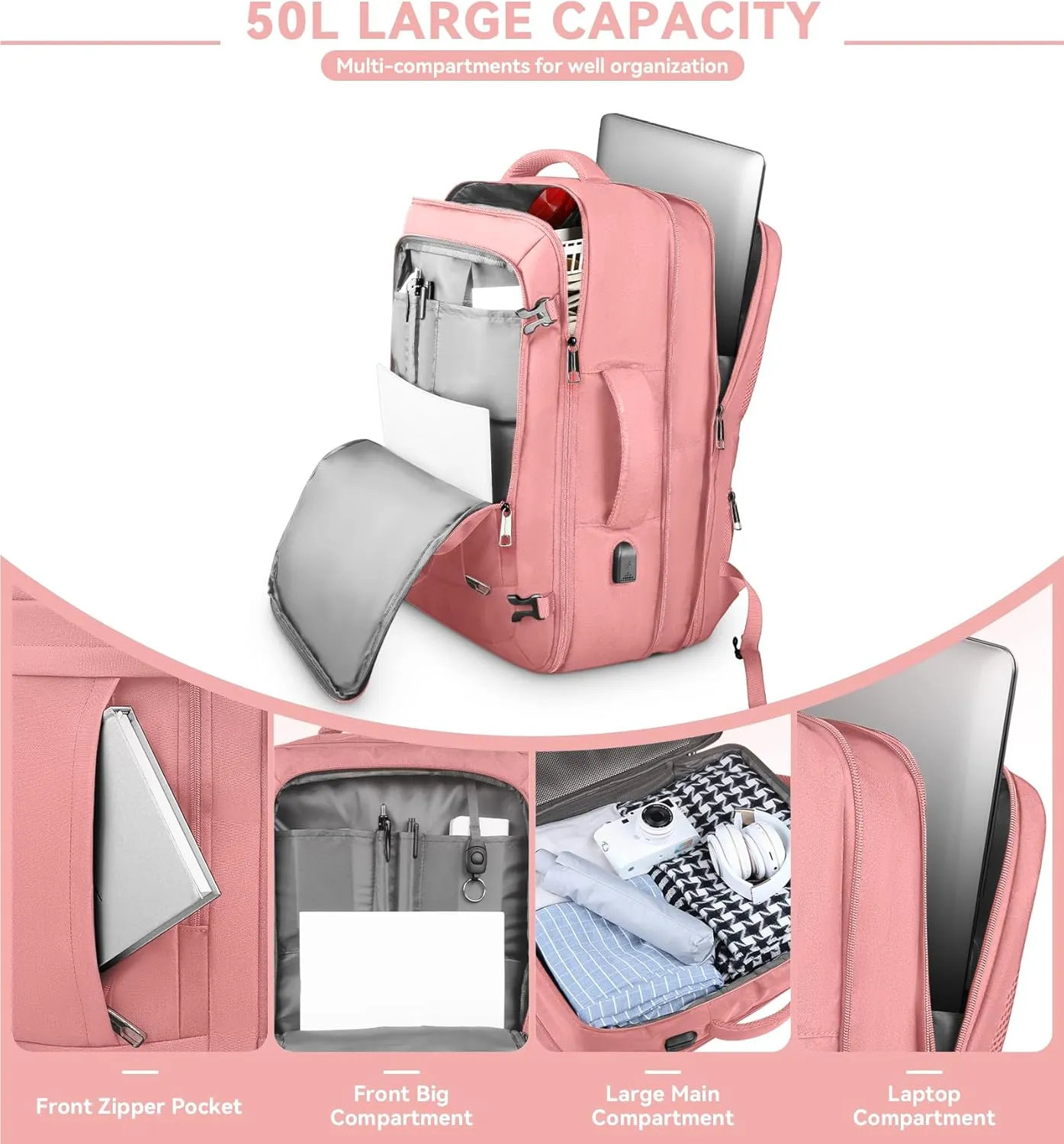 Travel Laptop Backpack for Women, 50L Expandable Extra Large Backpack,Carry On Backpack Airline Approved, Water Resistant Big Bag Anti-Theft Business Daypack Fits 17 Inch Laptop with USB Port, Pink