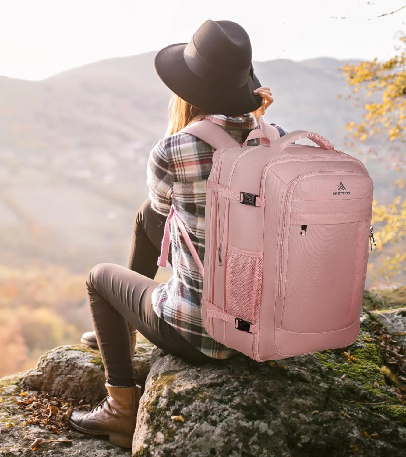Travel Laptop Backpack for Women, 50L Expandable Extra Large Backpack,Carry On Backpack Airline Approved, Water Resistant Big Bag Anti-Theft Business Daypack Fits 17 Inch Laptop with USB Port, Pink