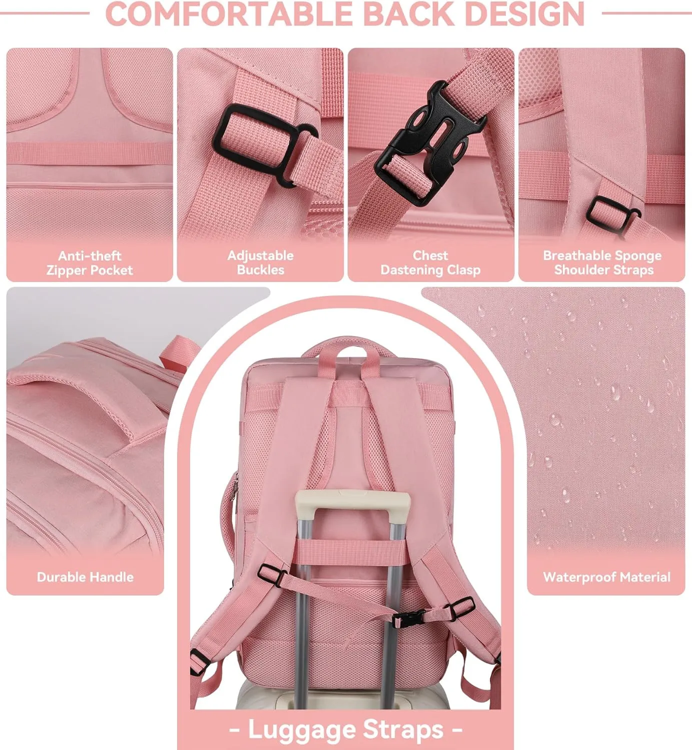 Travel Laptop Backpack for Women, 50L Expandable Extra Large Backpack,Carry On Backpack Airline Approved, Water Resistant Big Bag Anti-Theft Business Daypack Fits 17 Inch Laptop with USB Port, Pink