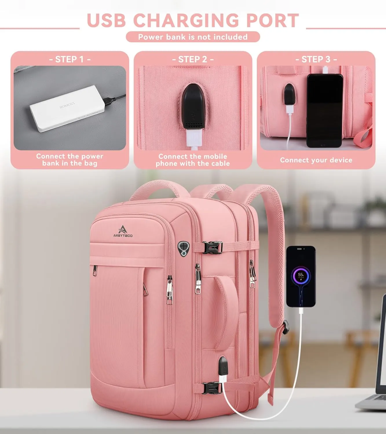 Travel Laptop Backpack for Women, 50L Expandable Extra Large Backpack,Carry On Backpack Airline Approved, Water Resistant Big Bag Anti-Theft Business Daypack Fits 17 Inch Laptop with USB Port, Pink