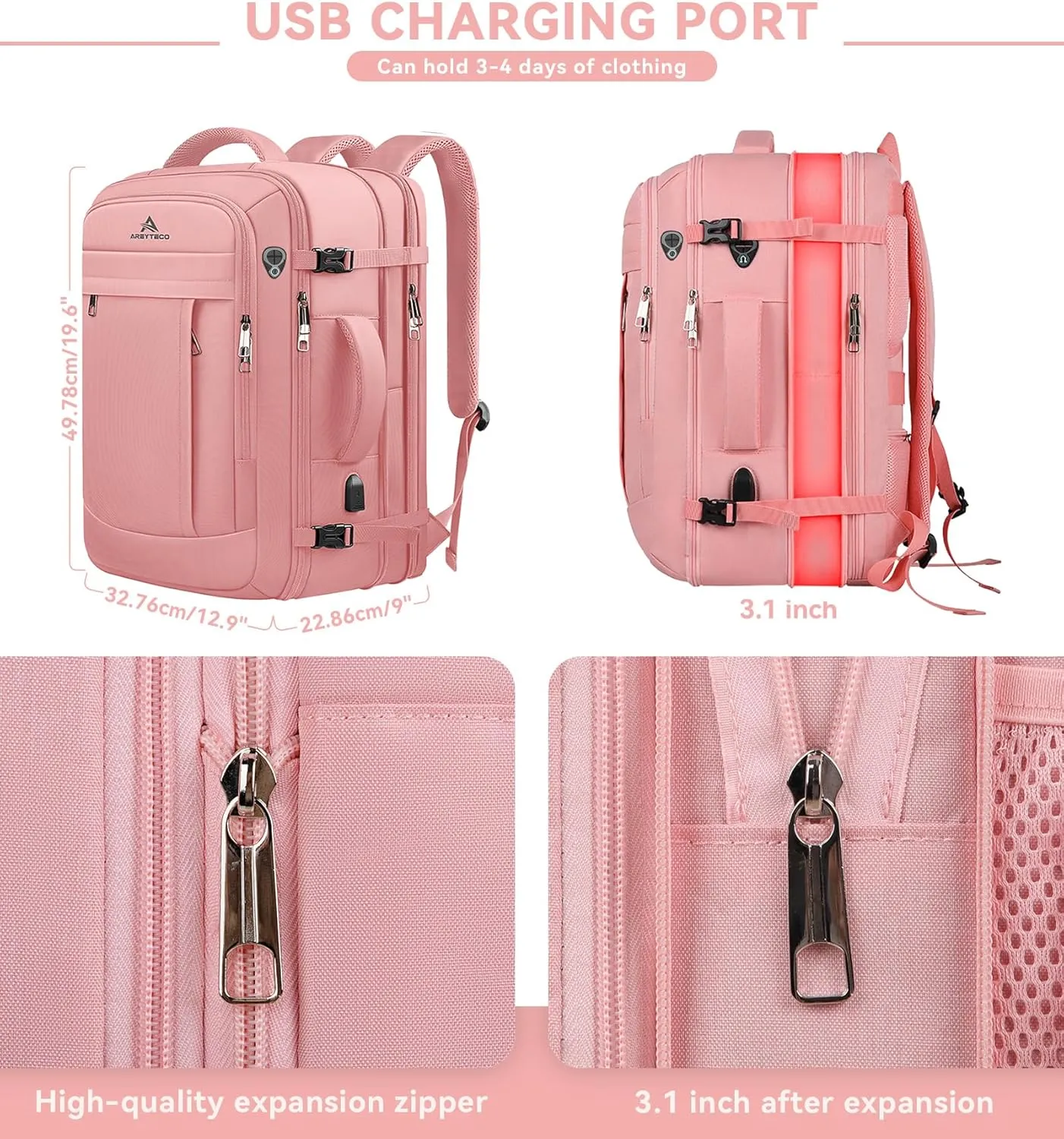 Travel Laptop Backpack for Women, 50L Expandable Extra Large Backpack,Carry On Backpack Airline Approved, Water Resistant Big Bag Anti-Theft Business Daypack Fits 17 Inch Laptop with USB Port, Pink