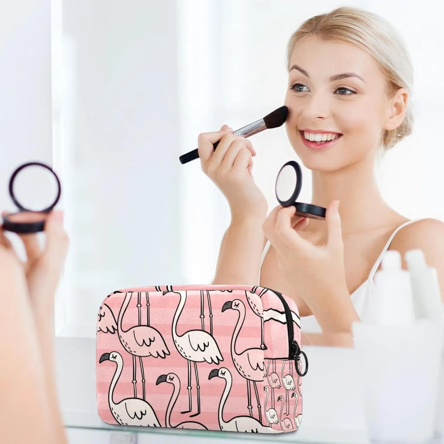 Travel Makeup Bag for Women, Cute Summer Print with Flamingo Pink Travel Cosmetic Bag Pencil Case Portable Makeup Pouch Toiletry Bag for Girls