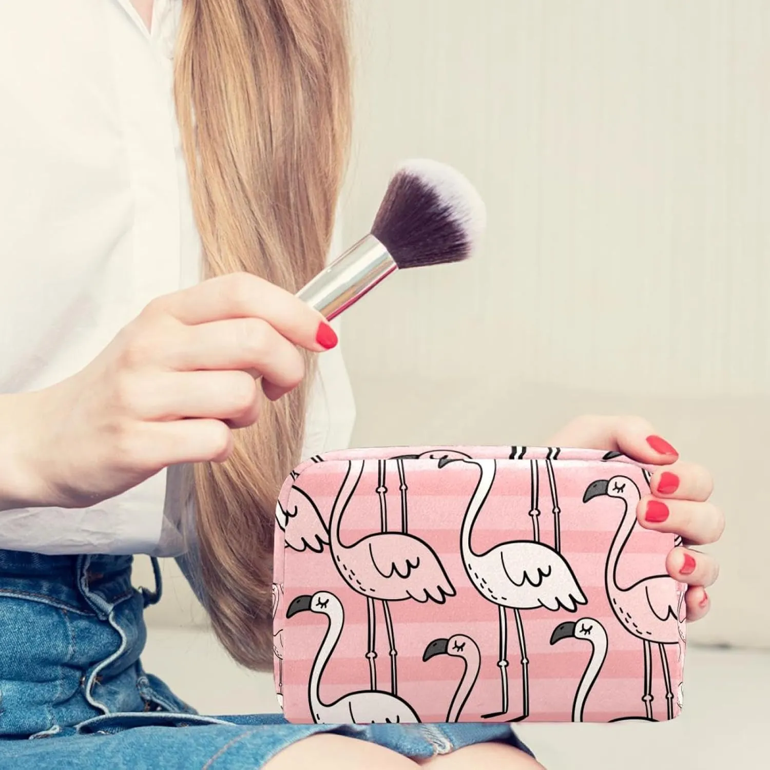 Travel Makeup Bag for Women, Cute Summer Print with Flamingo Pink Travel Cosmetic Bag Pencil Case Portable Makeup Pouch Toiletry Bag for Girls