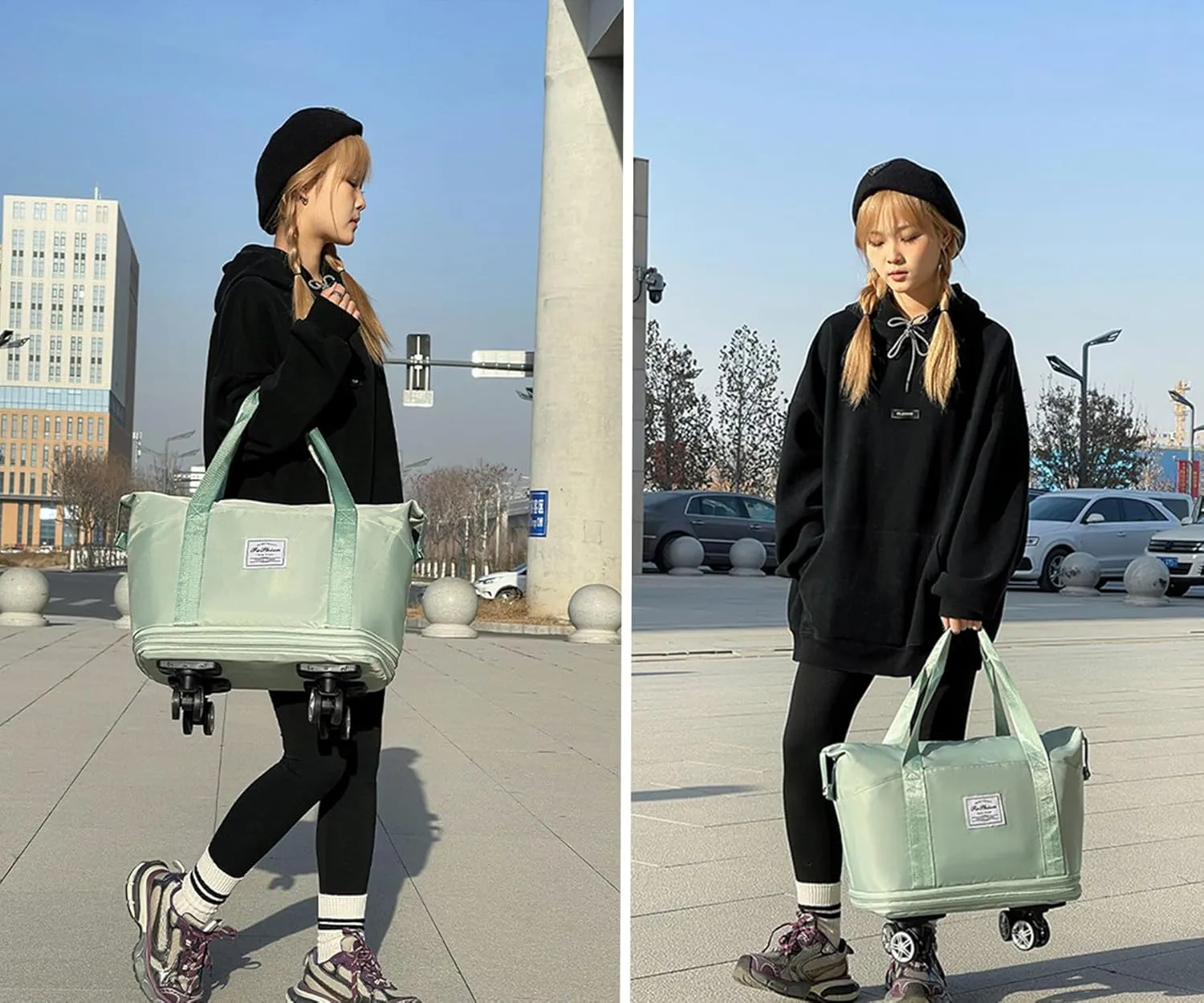 Travel Tote Bag with Trolley Sleeve Expandable Extra Duffel Bag with Wheels Lightweight Traveling Foldable Suitcase