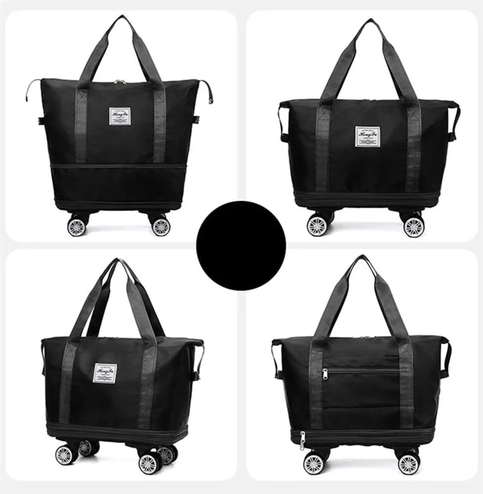 Travel Tote Bag with Trolley Sleeve Expandable Extra Duffel Bag with Wheels Lightweight Traveling Foldable Suitcase