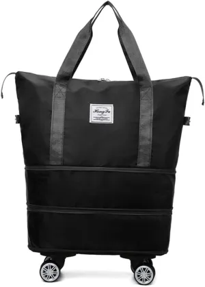 Travel Tote Bag with Trolley Sleeve Expandable Extra Duffel Bag with Wheels Lightweight Traveling Foldable Suitcase