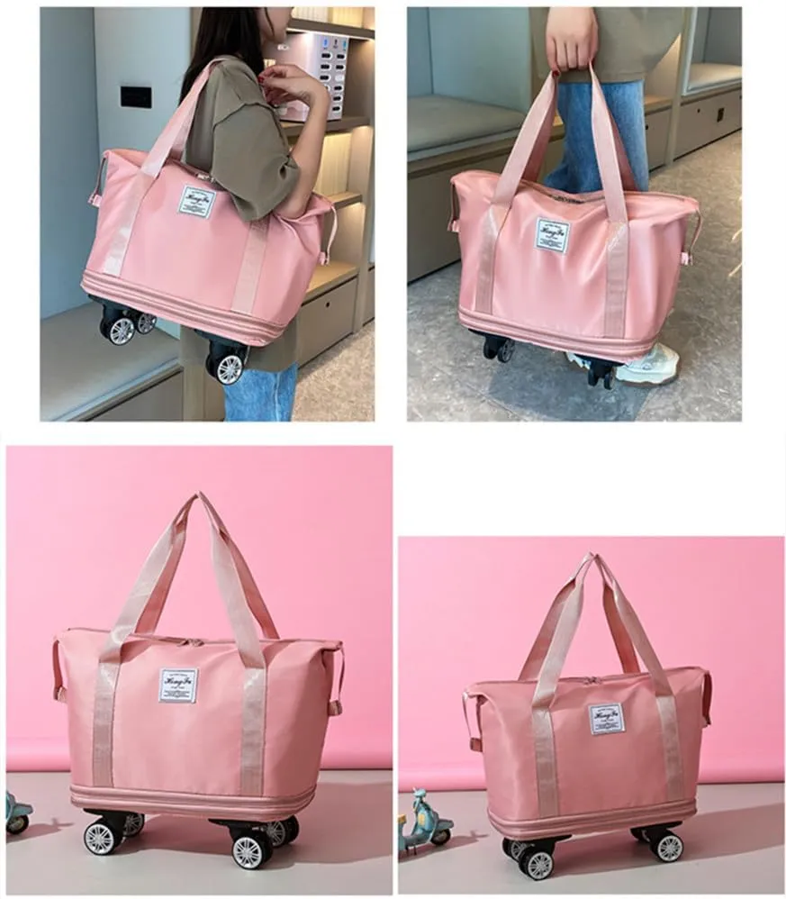 Travel Tote Bag with Trolley Sleeve Expandable Extra Duffel Bag with Wheels Lightweight Traveling Foldable Suitcase