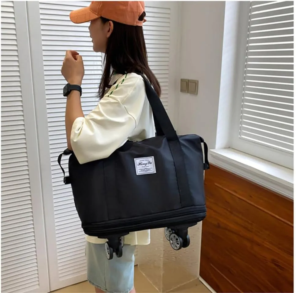 Travel Tote Bag with Trolley Sleeve Expandable Extra Duffel Bag with Wheels Lightweight Traveling Foldable Suitcase