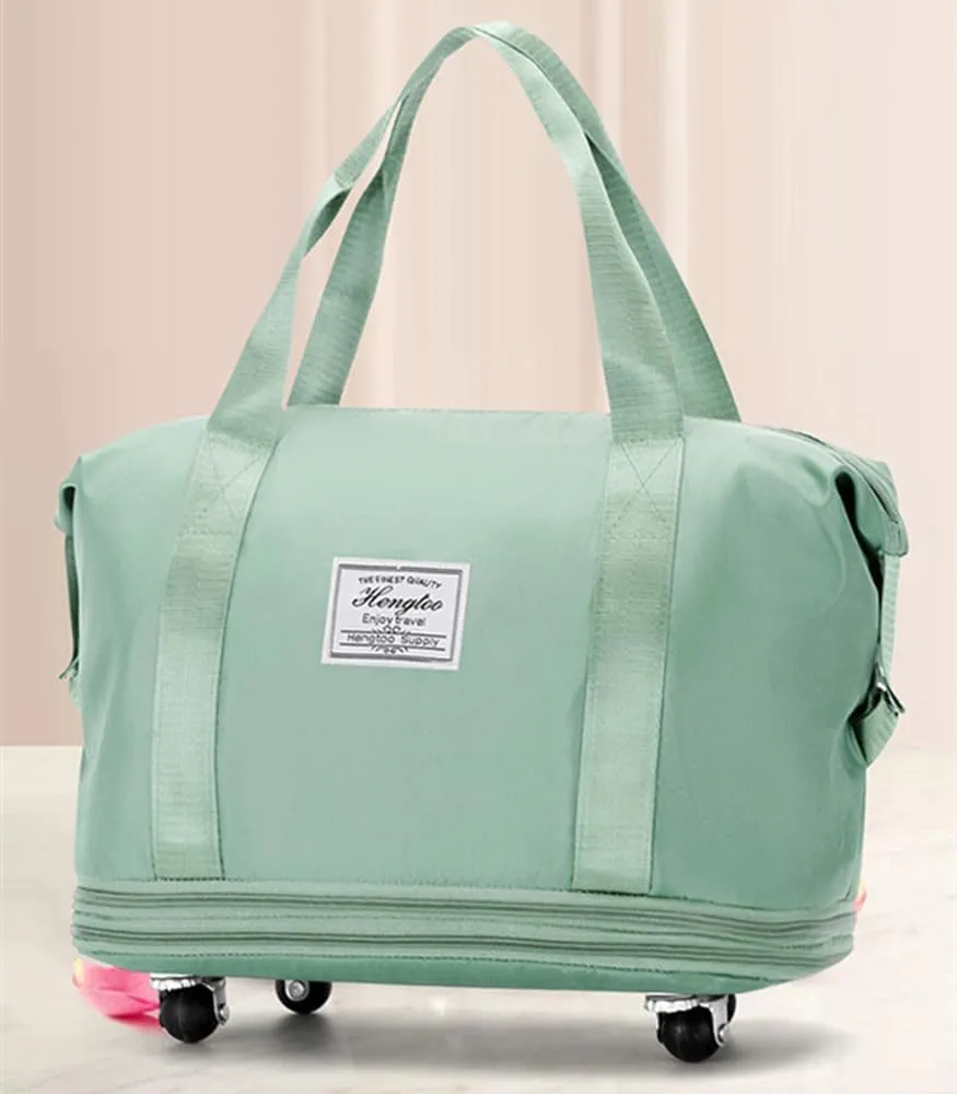 Travel Tote Bag with Trolley Sleeve Expandable Extra Duffel Bag with Wheels Lightweight Traveling Foldable Suitcase