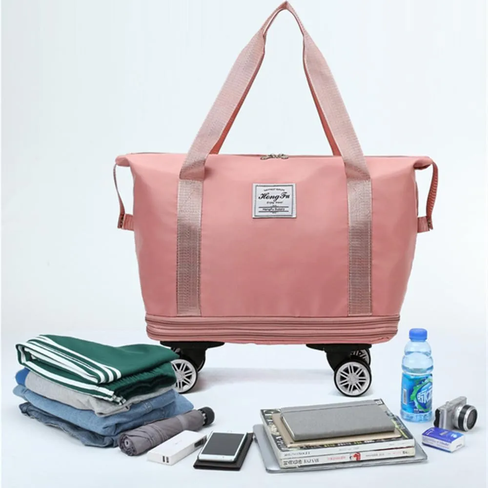 Travel Tote Bag with Trolley Sleeve Expandable Extra Duffel Bag with Wheels Lightweight Traveling Foldable Suitcase
