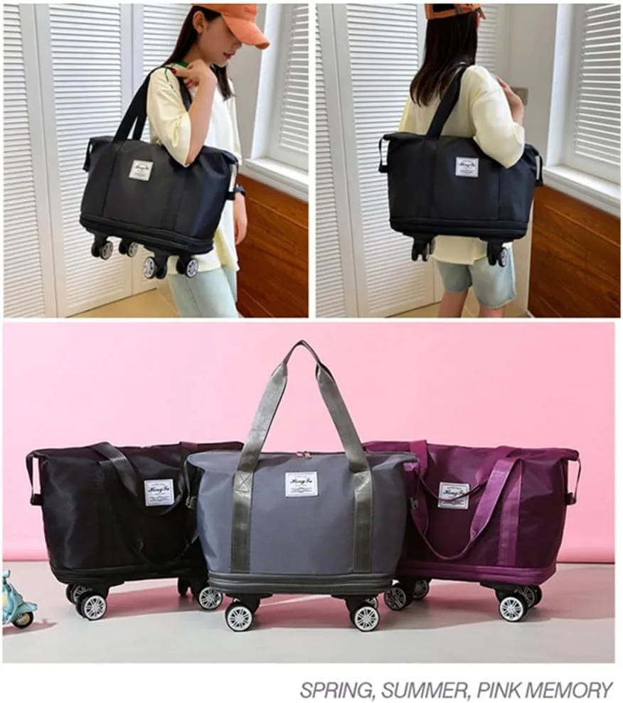 Travel Tote Bag with Trolley Sleeve Expandable Extra Duffel Bag with Wheels Lightweight Traveling Foldable Suitcase