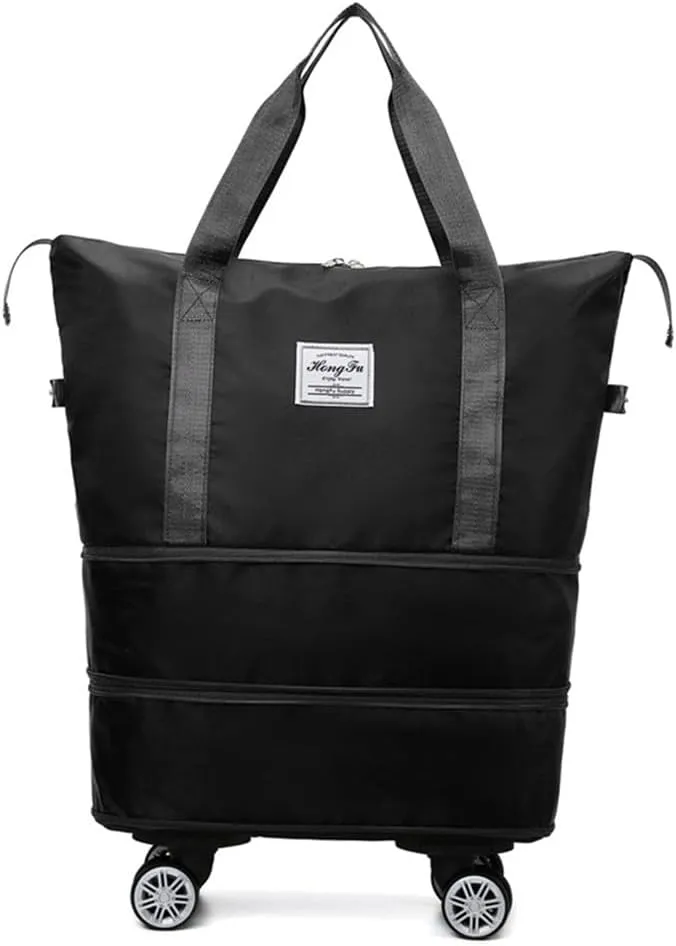 Travel Tote Bag with Trolley Sleeve Expandable Extra Duffel Bag with Wheels Lightweight Traveling Foldable Suitcase