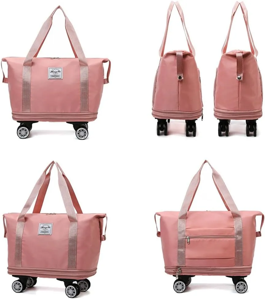 Travel Tote Bag with Trolley Sleeve Expandable Extra Duffel Bag with Wheels Lightweight Traveling Foldable Suitcase