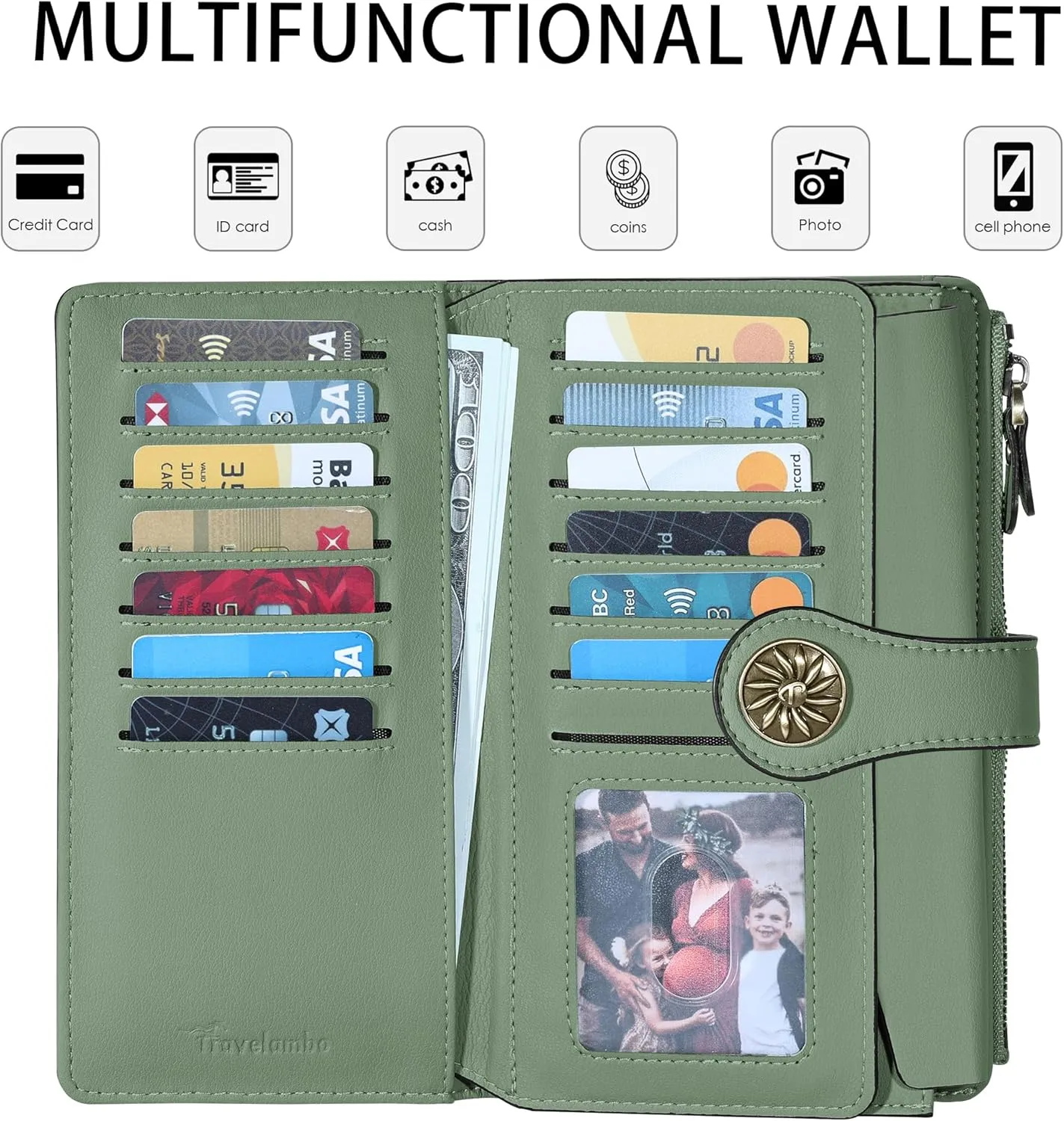 Travelambo Women's Wallet RFID Blocking Trifold Clutch Large Capacity Credit Card Holder Travel Purse