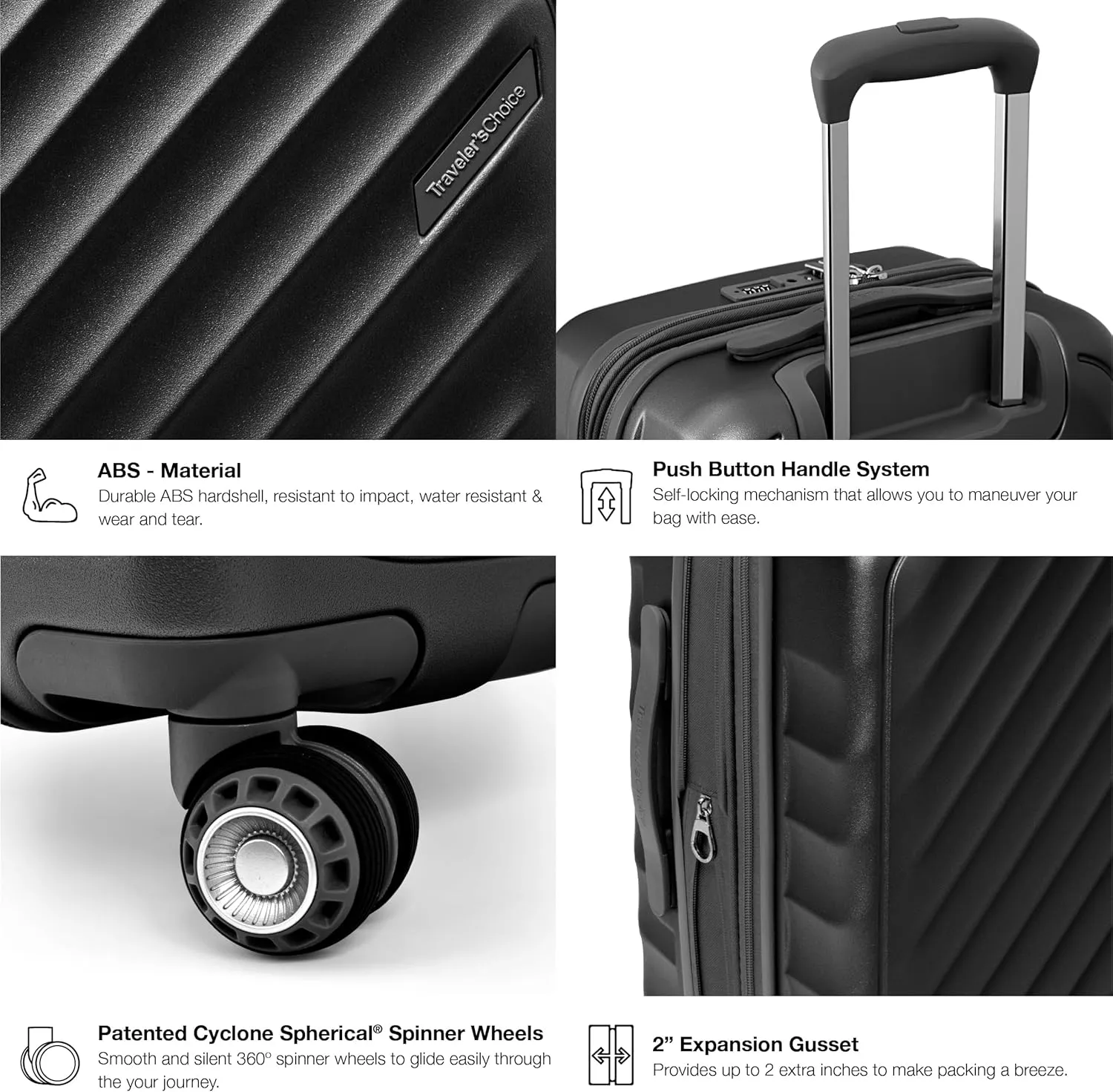 Traveler's Choice Elm Expandable Spinner Luggage Set, Matte Black, 21" Carry-On