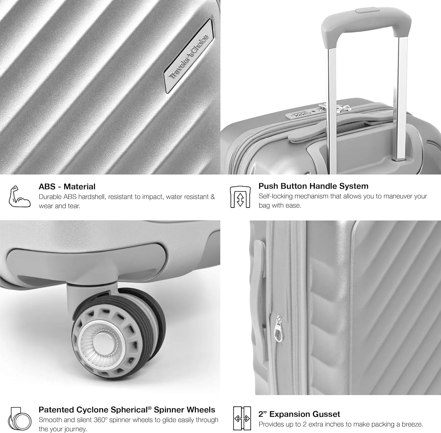 Traveler's Choice Elm Expandable Spinner Luggage Set, Matte Silver, 21" Carry-On