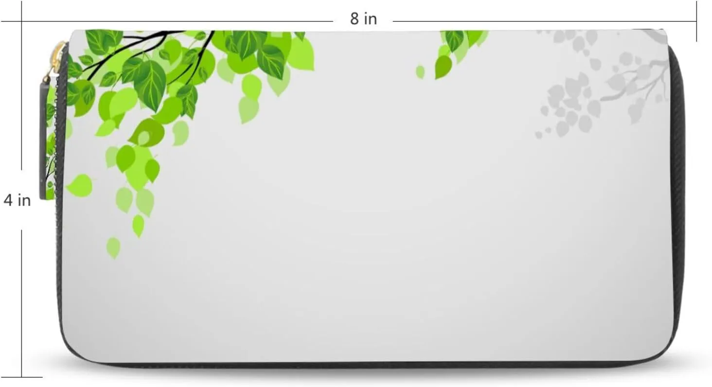 Tree Branches with Green Leaves on Grey White Pattern Leather Long Wallet Organizer with Zipper Purse Clutch Bag for Women Men Key Card Coin Passport Checkbook 8 x 4 inch
