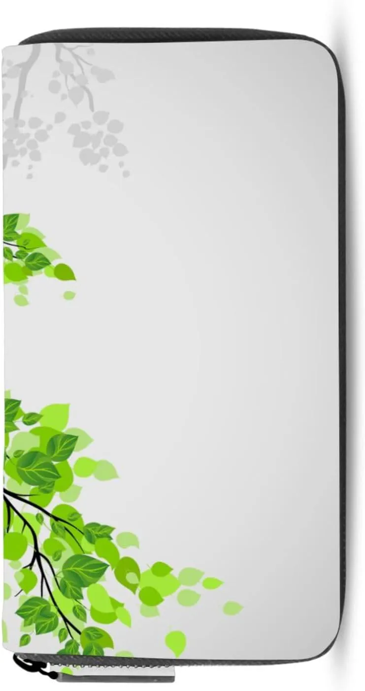 Tree Branches with Green Leaves on Grey White Pattern Leather Long Wallet Organizer with Zipper Purse Clutch Bag for Women Men Key Card Coin Passport Checkbook 8 x 4 inch