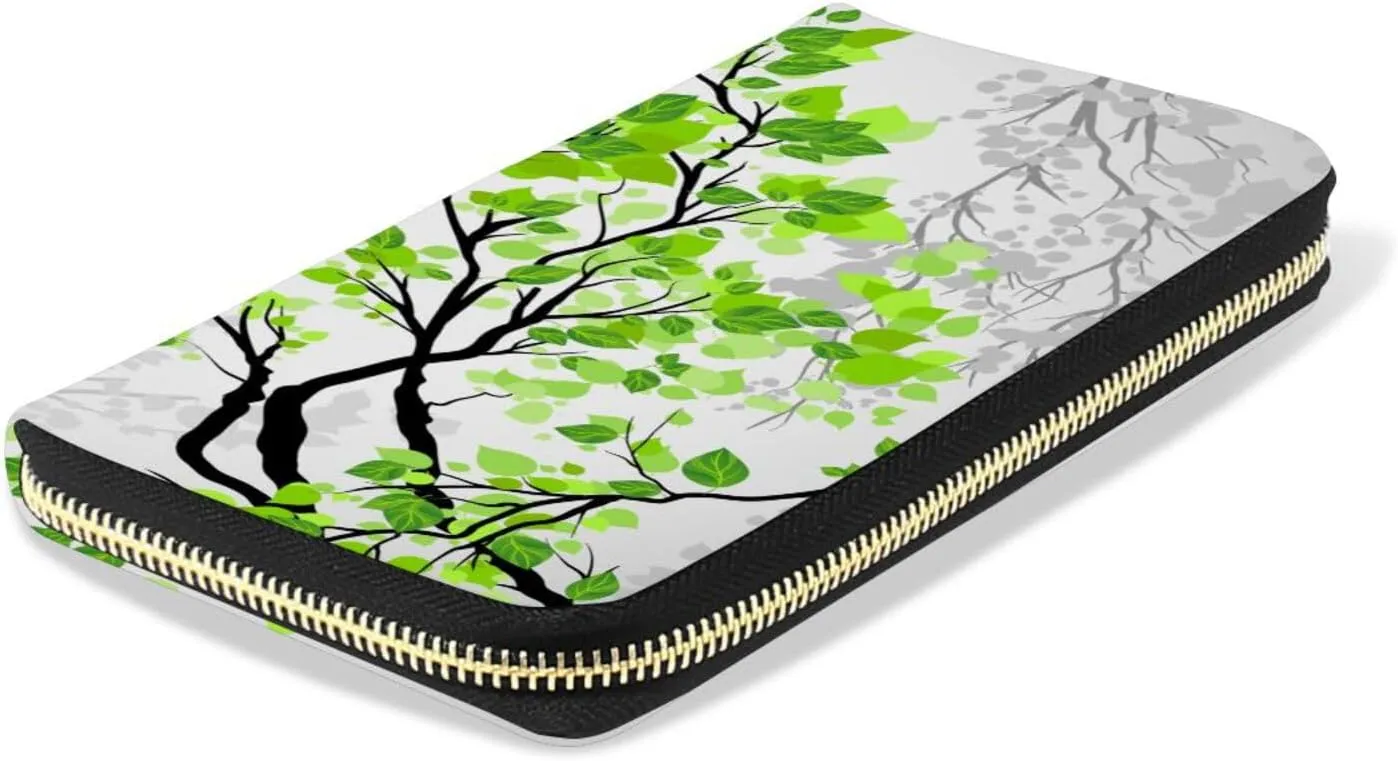 Tree Branches with Green Leaves on Grey White Pattern Leather Long Wallet Organizer with Zipper Purse Clutch Bag for Women Men Key Card Coin Passport Checkbook 8 x 4 inch