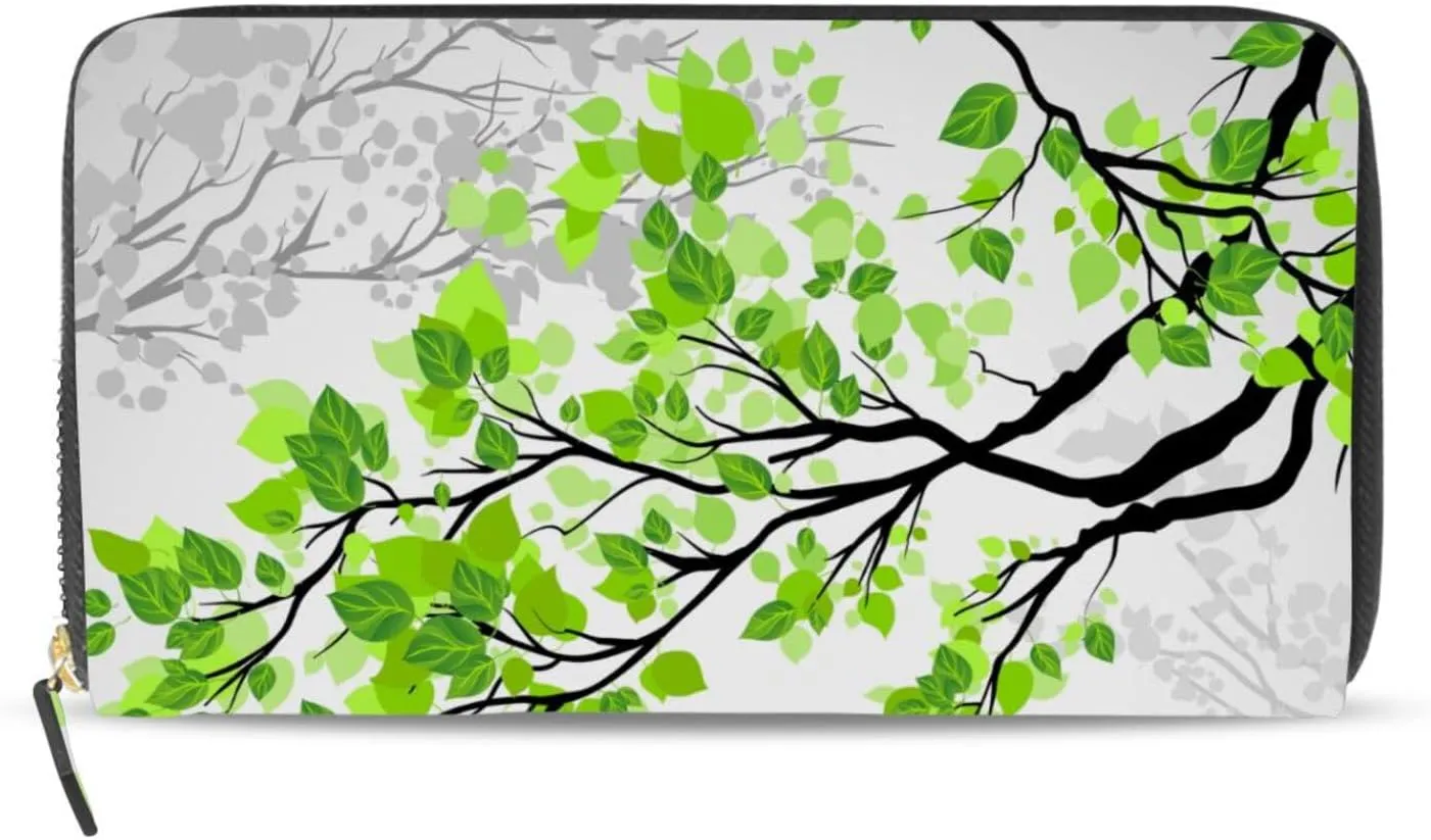 Tree Branches with Green Leaves on Grey White Pattern Leather Long Wallet Organizer with Zipper Purse Clutch Bag for Women Men Key Card Coin Passport Checkbook 8 x 4 inch