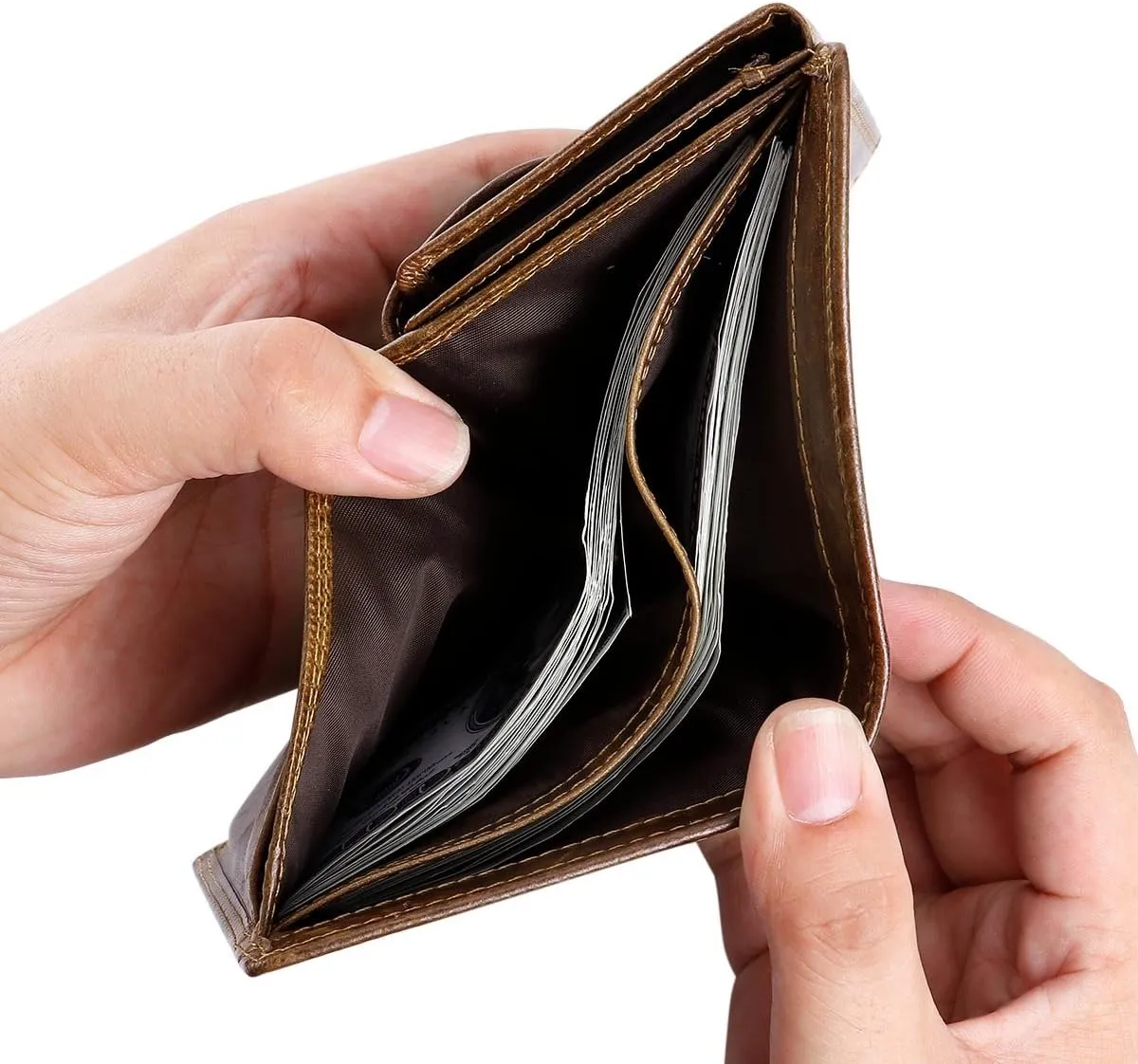 Trifold Billfold RFID Blocking Cowhide Leather Wallet for Men 10 Card Slots 2 ID Windows with Coin Pocket