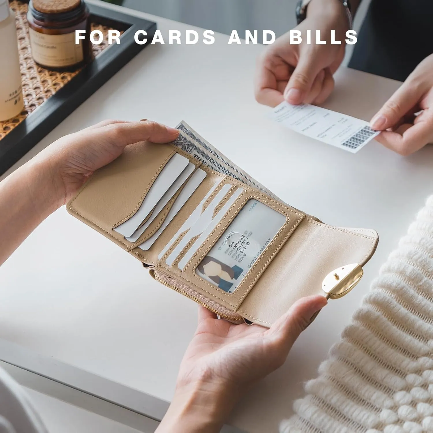 Trifold Leather Wallet for Women RFID Blocking, Small Compact Purse with Zipper Pocket, Ideal for Gift, Beige