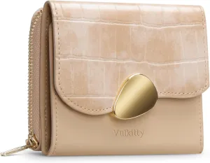 Trifold Leather Wallet for Women RFID Blocking, Small Compact Purse with Zipper Pocket, Ideal for Gift, Beige