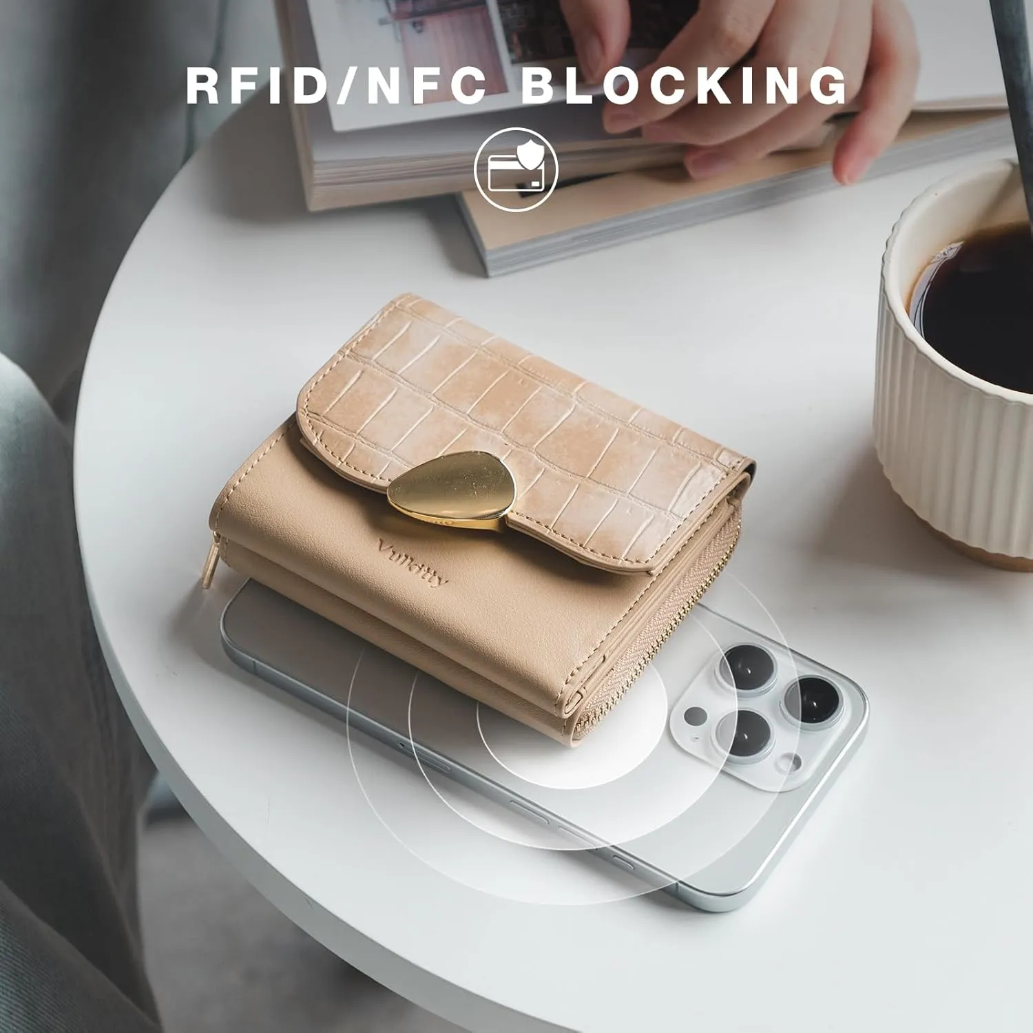 Trifold Leather Wallet for Women RFID Blocking, Small Compact Purse with Zipper Pocket, Ideal for Gift, Beige