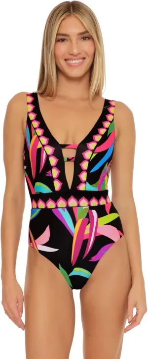 Trina Turk Women's Standard Birds of Paradise Plunge One Piece Swimsuit, Floral Print, Bathing Suits