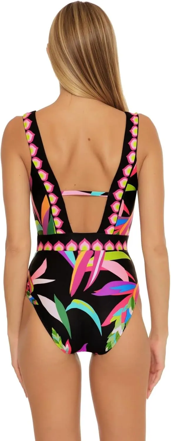 Trina Turk Women's Standard Birds of Paradise Plunge One Piece Swimsuit, Floral Print, Bathing Suits