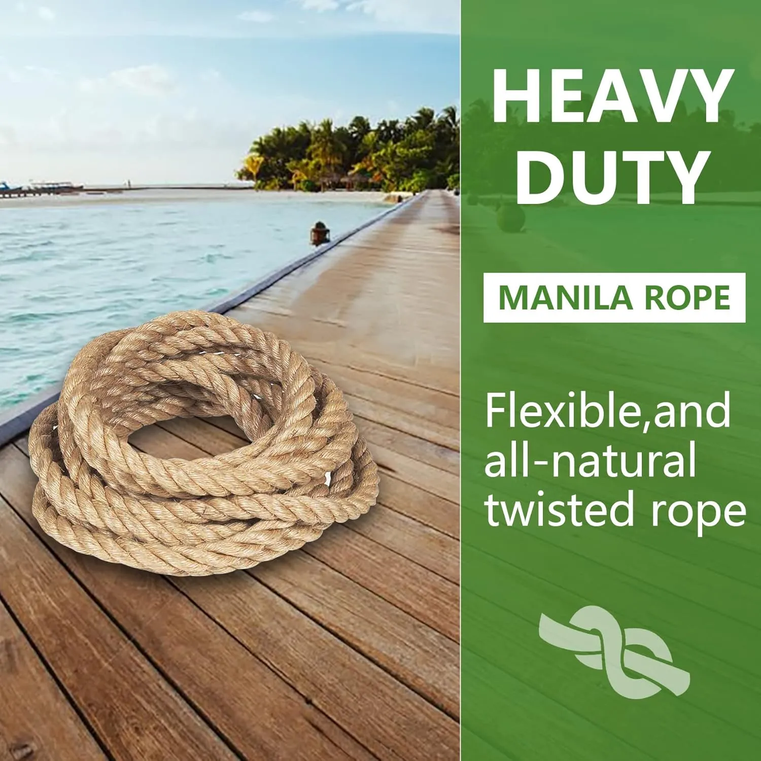 Twisted Manila Rope 1-1/2 in x 50 ft Natural Thick Hemp Rope for Railing Docks Tug of War Decorating Crafts Nautical Landscaping Swing Hammock