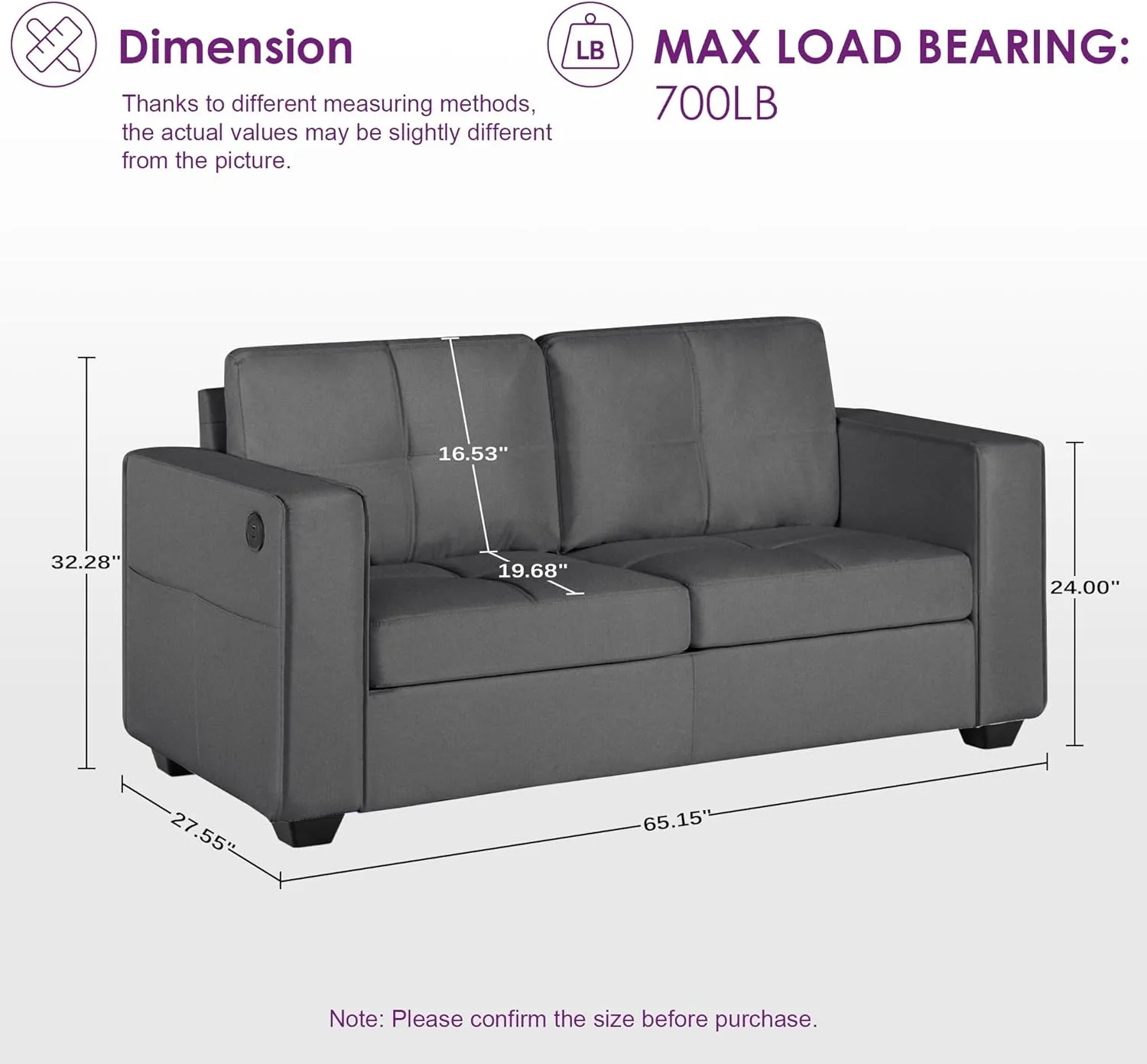 TYBOATLE 65" W Morden Linen Fabric Sofa Couch w/ 2 USB Charging Ports and Wide Arms, Mid-Century Comfy Upholstered Loveseat Couches for Living Room, Bedroom, Office, Easy Assembly (Dark Grey)