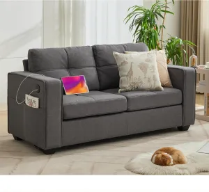 TYBOATLE 65" W Morden Linen Fabric Sofa Couch w/ 2 USB Charging Ports and Wide Arms, Mid-Century Comfy Upholstered Loveseat Couches for Living Room, Bedroom, Office, Easy Assembly (Dark Grey)