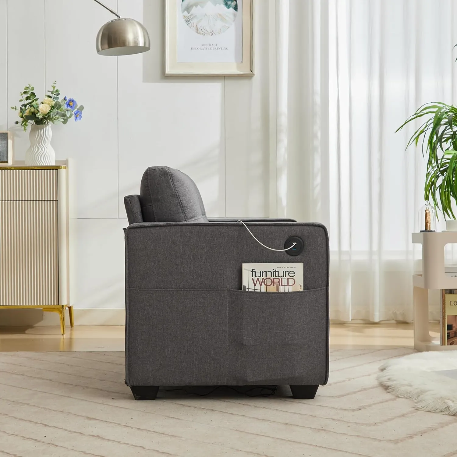 TYBOATLE 65" W Morden Linen Fabric Sofa Couch w/ 2 USB Charging Ports and Wide Arms, Mid-Century Comfy Upholstered Loveseat Couches for Living Room, Bedroom, Office, Easy Assembly (Dark Grey)