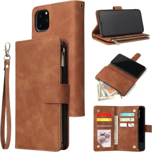 UEEBAI Wallet Case for iPhone 11 Pro Max, PU Leather Case Magnetic Closure Handbag Zipper Pocket Case Kickstand Card Slots with Hand Strap Marple Flip Case for Women - Brown