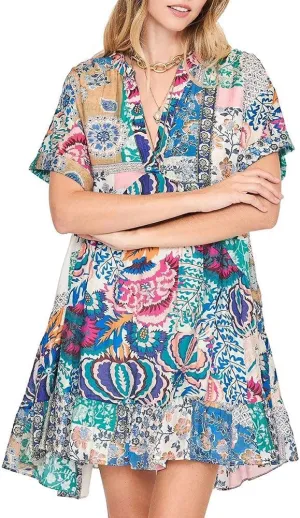 Umgee USA Colorblocked Mixed Print Dress Blue Mix Large