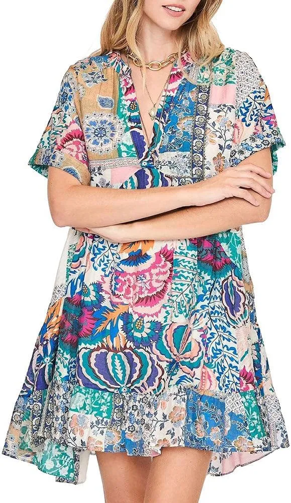 Umgee USA Colorblocked Mixed Print Dress Blue Mix Large