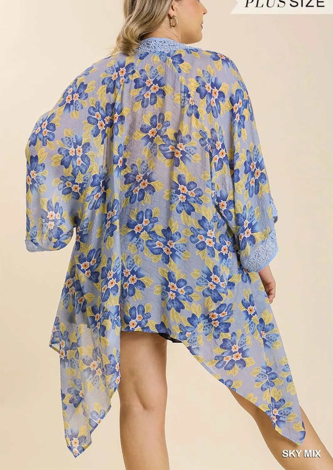 Umgee Womens Sky Sheer Floral Print Open Front Kimono with Crochet Detail