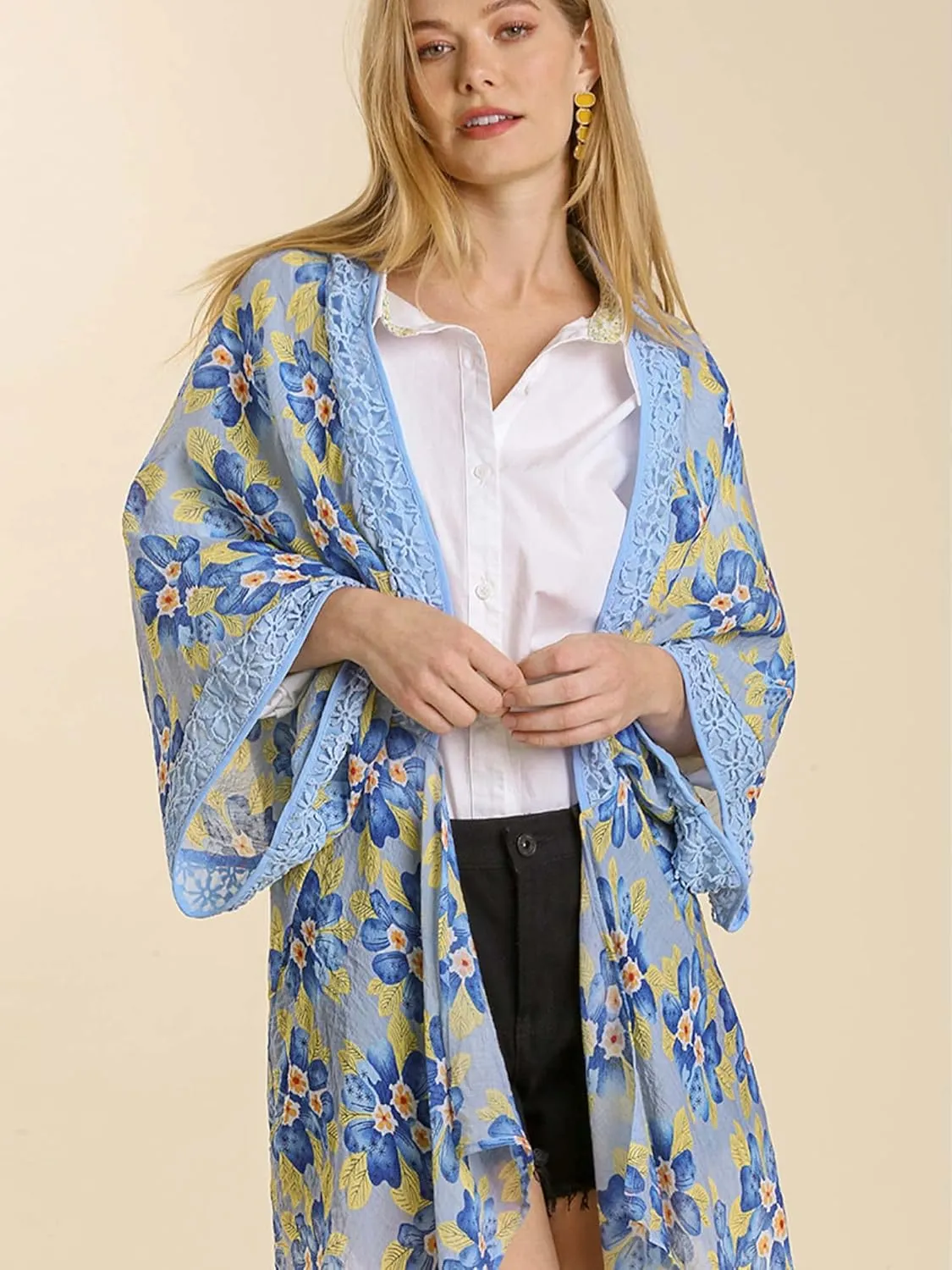 Umgee Womens Sky Sheer Floral Print Open Front Kimono with Crochet Detail